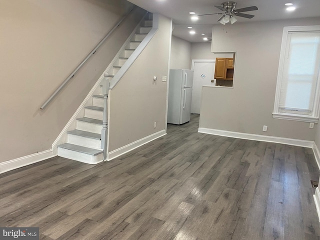 2333 W Firth St, Philadelphia, PA 19132 - unfurnished living room featuring a ceiling fan, stairway, wood finished floors, baseboards, and recessed lighting