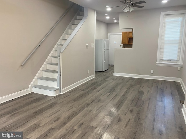 2333 W Firth St, Philadelphia, PA 19132 - unfurnished living room with a ceiling fan, baseboards, stairs, wood finished floors, and recessed lighting