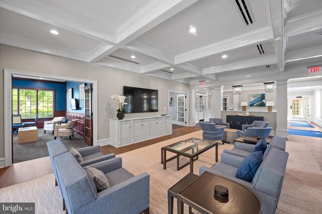 6306 Parkview Dr, Haverford, PA 19041 - community lobby with coffered ceiling, beam ceiling, ornamental molding, and recessed lighting
