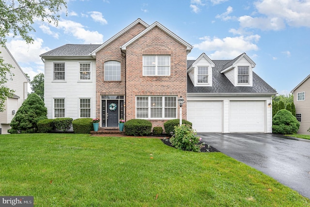 6202 Crofton Ct, Mechanicsburg, PA 17050 - view of front facade with asphalt driveway, brick siding, a front lawn, an attached garage, and a shingled roof