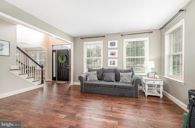 6202 Crofton Ct, Mechanicsburg, PA 17050 - living room with dark wood-style floors, stairs, plenty of natural light, and baseboards