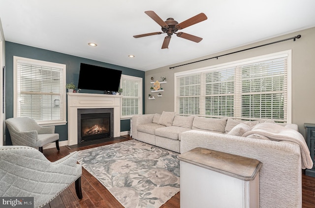 6202 Crofton Ct, Mechanicsburg, PA 17050 - living room featuring ceiling fan, a fireplace with flush hearth, wood finished floors, and recessed lighting