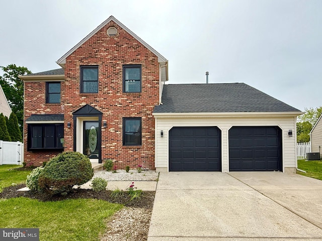 27 Chapel Cir, Sicklerville, NJ 08081 - traditional-style home featuring an attached garage, central air condition unit, concrete driveway, brick siding, and a shingled roof
