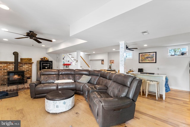 413 Benton Pt, Tappahannock, VA 22560 - living area featuring light wood-style floors, a ceiling fan, stairs, recessed lighting, and baseboards