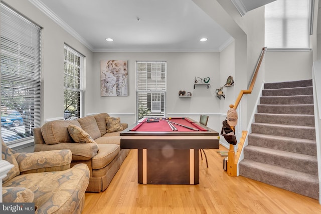 10079 Orland Stone Dr, Bristow, VA 20136 - game room with light wood finished floors, billiards, ornamental molding, recessed lighting, and baseboards