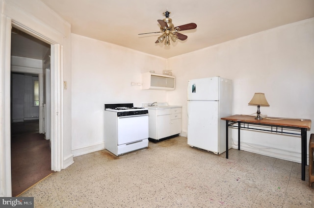 3324 Ryan Ave, Philadelphia, PA 19136 - kitchen featuring white appliances, ceiling fan, white cabinets, and light floors
