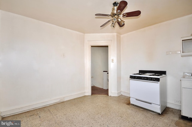 3324 Ryan Ave, Philadelphia, PA 19136 - kitchen featuring white range with gas stovetop, ceiling fan, and baseboards