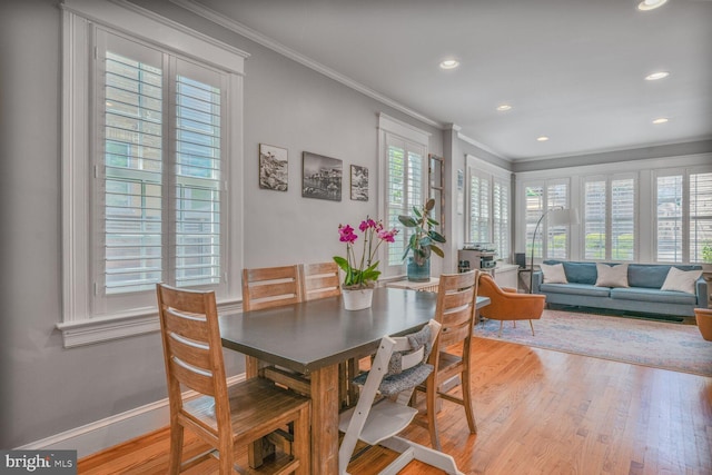 3805 Warren St NW, Washington, DC 20016 - dining space with crown molding, light wood-type flooring, recessed lighting, and baseboards