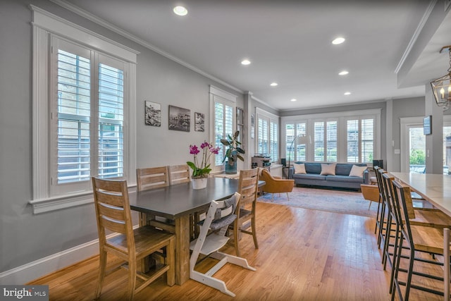 3805 Warren St NW, Washington, DC 20016 - dining room with ornamental molding, light wood-type flooring, recessed lighting, and baseboards