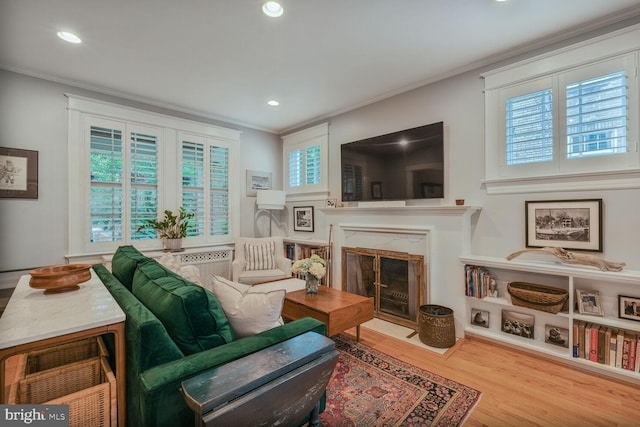 3805 Warren St NW, Washington, DC 20016 - living area with ornamental molding, a fireplace, wood finished floors, and recessed lighting