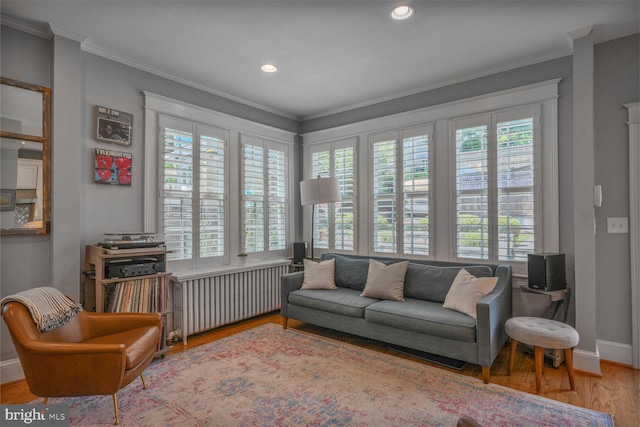 3805 Warren St NW, Washington, DC 20016 - living room featuring plenty of natural light, radiator, wood finished floors, ornamental molding, and baseboards