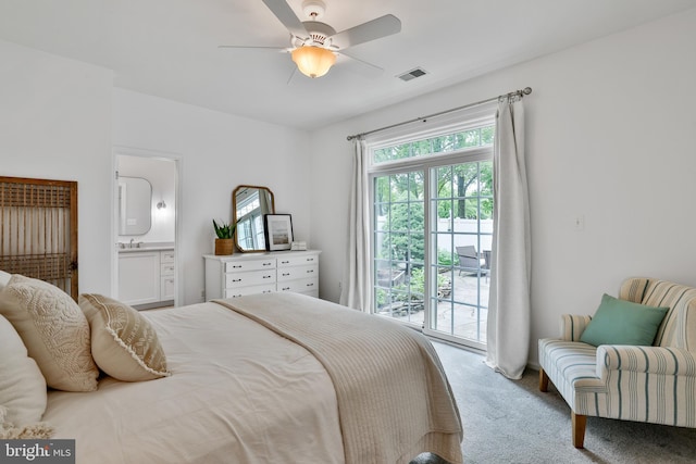 20464 Walsheid Ter, Ashburn, VA 20147 - carpeted bedroom with access to outside, ensuite bath, a ceiling fan, and a sink