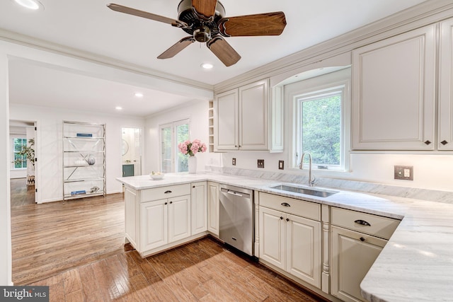 12209 Lake James Dr, Herndon, VA 20171 - kitchen featuring stainless steel dishwasher, light wood-type flooring, ceiling fan, a peninsula, and light stone countertops