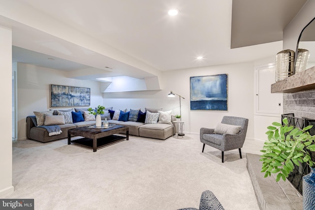 12209 Lake James Dr, Herndon, VA 20171 - living area featuring light colored carpet, a fireplace, and recessed lighting