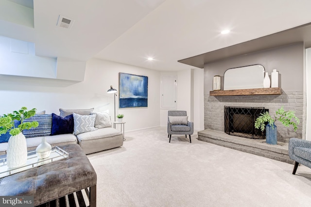 12209 Lake James Dr, Herndon, VA 20171 - living area featuring carpet, a brick fireplace, and recessed lighting