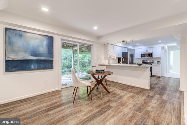 12209 Lake James Dr, Herndon, VA 20171 - kitchen with appliances with stainless steel finishes, light wood finished floors, white cabinets, a peninsula, and recessed lighting