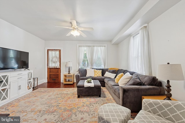 16 W Langhorne Ave, Havertown, PA 19083 - living room featuring a ceiling fan, dark wood finished floors, and baseboards