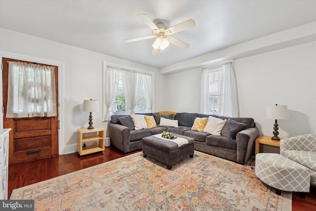 16 W Langhorne Ave, Havertown, PA 19083 - living room featuring dark wood finished floors and ceiling fan