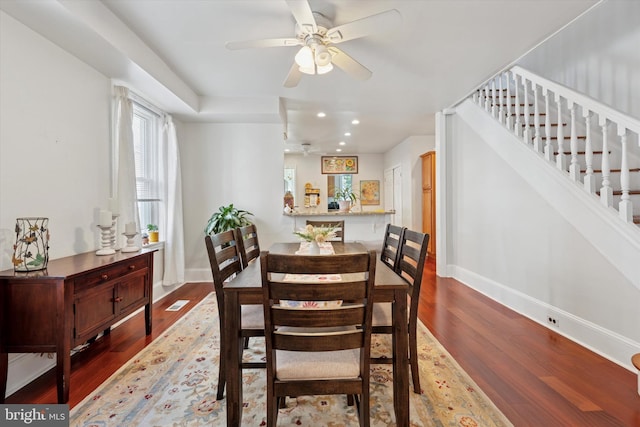 16 W Langhorne Ave, Havertown, PA 19083 - dining room with a ceiling fan, dark wood finished floors, baseboards, stairway, and recessed lighting