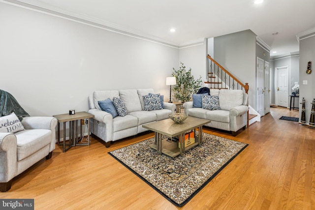 3 Wedgewood Ct, Princeton, NJ 08540 - living room with stairs, crown molding, light wood-type flooring, and recessed lighting