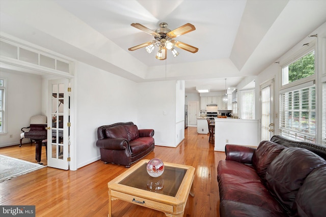 3663 Thomasson Crossing Dr, Triangle, VA 22172 - living room with light wood-style flooring, ceiling fan, and a tray ceiling