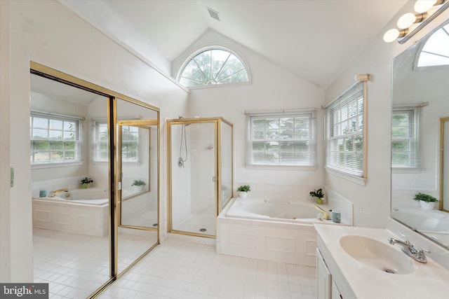 3663 Thomasson Crossing Dr, Triangle, VA 22172 - full bath with a whirlpool tub, healthy amount of natural light, vanity, vaulted ceiling, and a stall shower