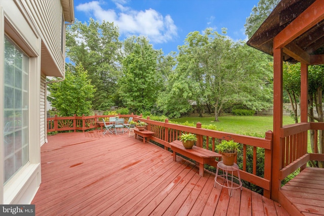 3663 Thomasson Crossing Dr, Triangle, VA 22172 - wooden deck with outdoor dining area, a fenced backyard, and view of wooded area