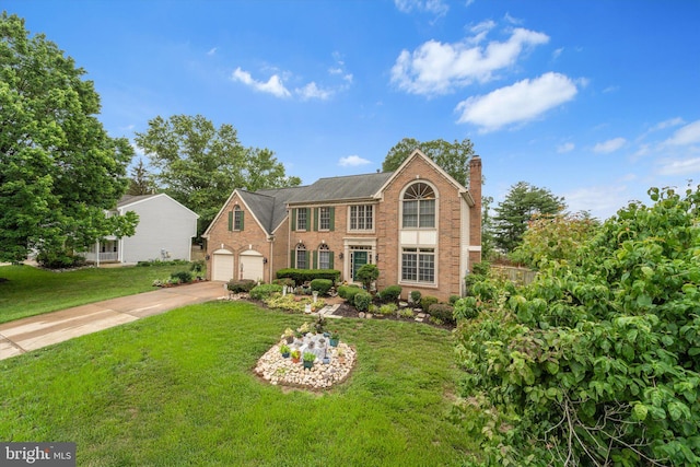 3663 Thomasson Crossing Dr, Triangle, VA 22172 - view of front of property with brick siding, concrete driveway, a chimney, and a front lawn