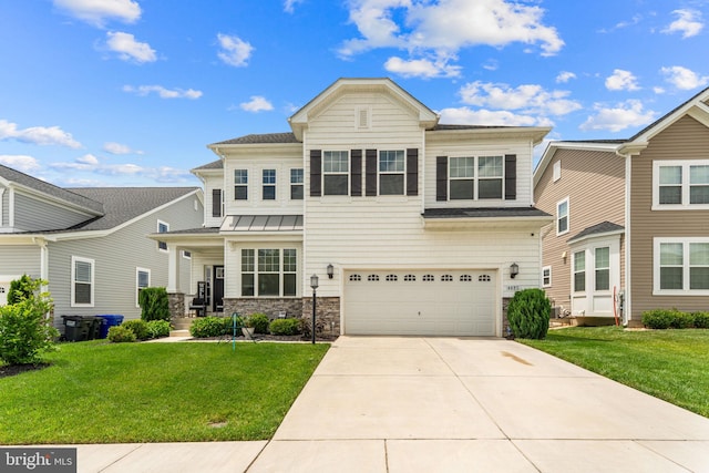 4495 Shakespeare Cir, White Plains, MD 20695 - view of front of home with an attached garage, driveway, stone siding, and a front yard