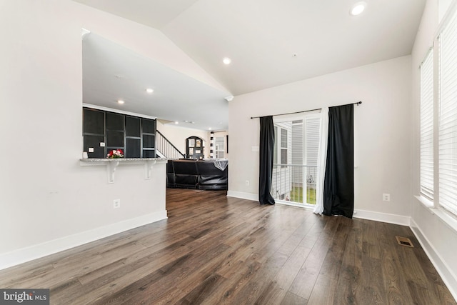4495 Shakespeare Cir, White Plains, MD 20695 - living area featuring stairway, vaulted ceiling, dark wood-style floors, plenty of natural light, and recessed lighting