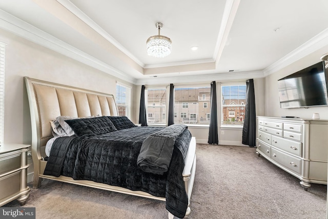 4495 Shakespeare Cir, White Plains, MD 20695 - bedroom featuring a tray ceiling, light colored carpet, crown molding, and a chandelier