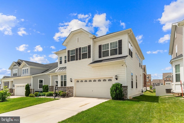 4495 Shakespeare Cir, White Plains, MD 20695 - view of front facade featuring an attached garage, stone siding, concrete driveway, and a front lawn