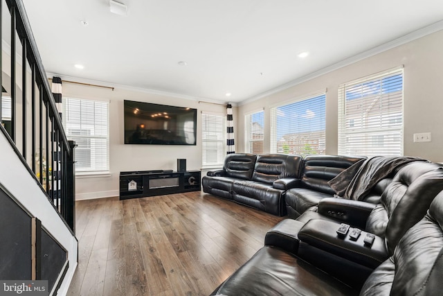 4495 Shakespeare Cir, White Plains, MD 20695 - living area featuring ornamental molding, hardwood / wood-style flooring, stairway, and recessed lighting
