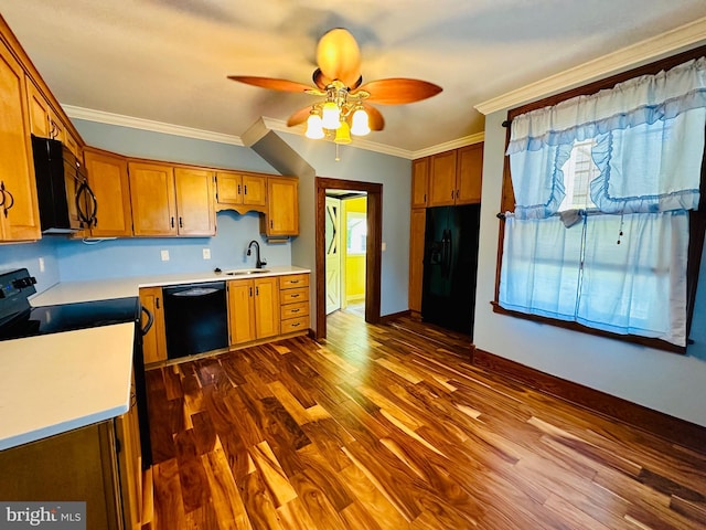 531 S 3rd St, Oakland, MD 21550 - kitchen featuring black appliances, a sink, ceiling fan, ornamental molding, and light countertops