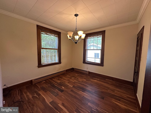 531 S 3rd St, Oakland, MD 21550 - unfurnished room featuring a baseboard radiator, crown molding, a chandelier, dark wood finished floors, and baseboards