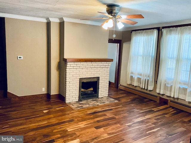 531 S 3rd St, Oakland, MD 21550 - unfurnished living room with ornamental molding, a ceiling fan, wood finished floors, and a brick fireplace