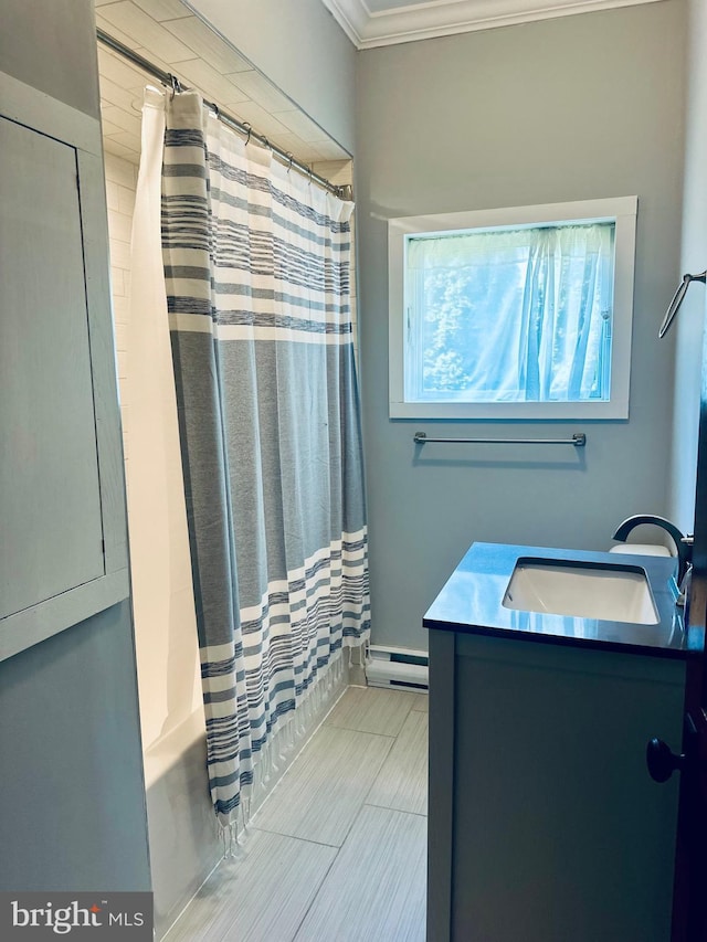 531 S 3rd St, Oakland, MD 21550 - bathroom featuring baseboard heating, shower / bath combo with shower curtain, ornamental molding, and vanity
