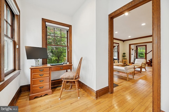 12 Sergeant St, Princeton, NJ 08540 - home office featuring baseboards, light wood-style flooring, crown molding, and recessed lighting