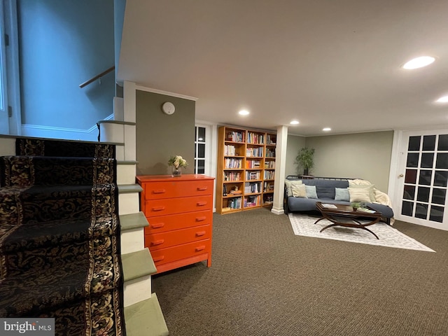12 Sergeant St, Princeton, NJ 08540 - sitting room featuring dark carpet, recessed lighting, and stairs