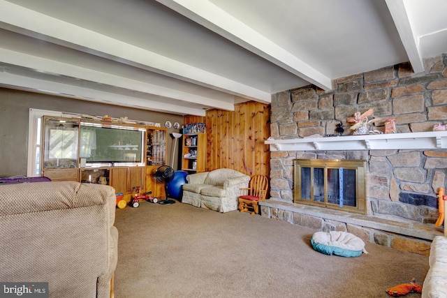 6005 Westwood Ave, Baltimore, MD 21206 - carpeted living area featuring beamed ceiling, a stone fireplace, and wooden walls