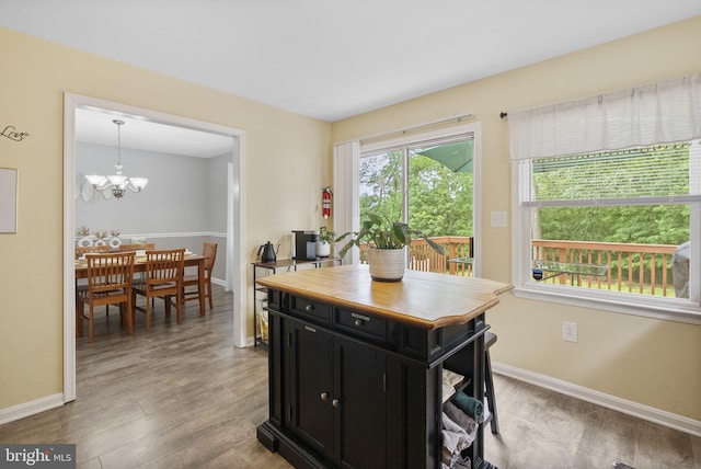 583 Upland St, Pottstown, PA 19464 - kitchen featuring dark cabinetry, light wood-type flooring, baseboards, and pendant lighting