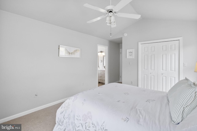 583 Upland St, Pottstown, PA 19464 - carpeted bedroom featuring lofted ceiling, a closet, baseboards, ceiling fan, and ensuite bathroom