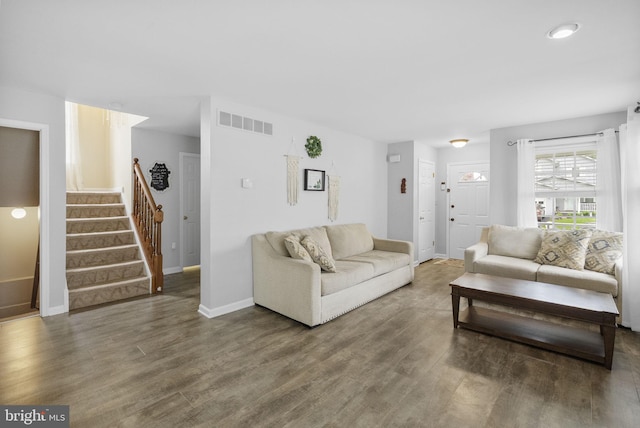 583 Upland St, Pottstown, PA 19464 - living room featuring stairs, wood finished floors, baseboards, and recessed lighting