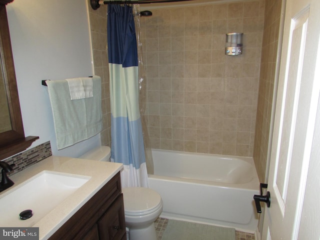 1745 Leisure Way, Crofton, MD 21114 - bathroom featuring toilet, vanity, shower / tub combo, and decorative backsplash