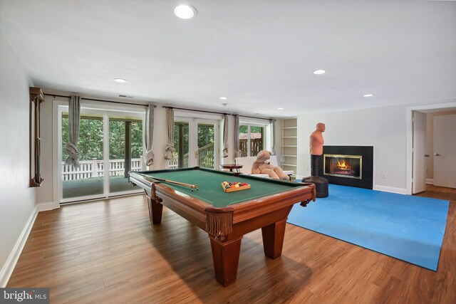 12213 Lake Potomac Ter, Potomac, MD 20854 - game room with billiards, baseboards, a glass covered fireplace, wood finished floors, and recessed lighting