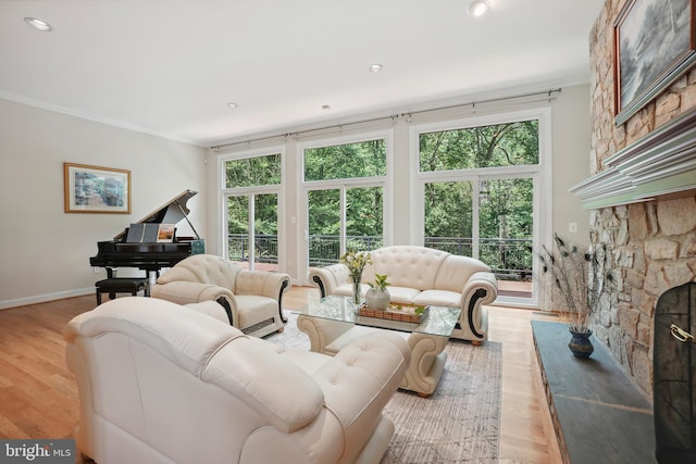 12213 Lake Potomac Ter, Potomac, MD 20854 - living room with light wood-style floors, baseboards, ornamental molding, a fireplace, and recessed lighting