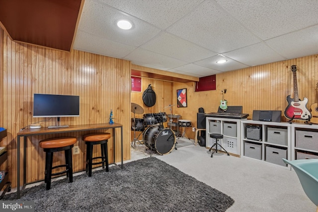 122 Waverly Rd, Wyncote, PA 19095 - rec room featuring carpet flooring, a paneled ceiling, wooden walls, and recessed lighting