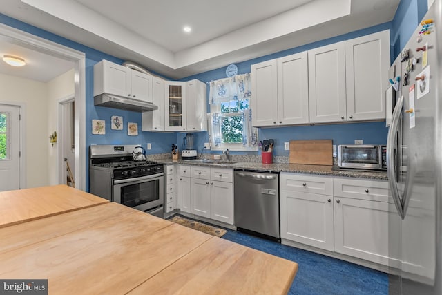 5012 Catalpha Rd, Baltimore, MD 21214 - kitchen featuring stainless steel appliances, white cabinetry, under cabinet range hood, glass insert cabinets, and recessed lighting
