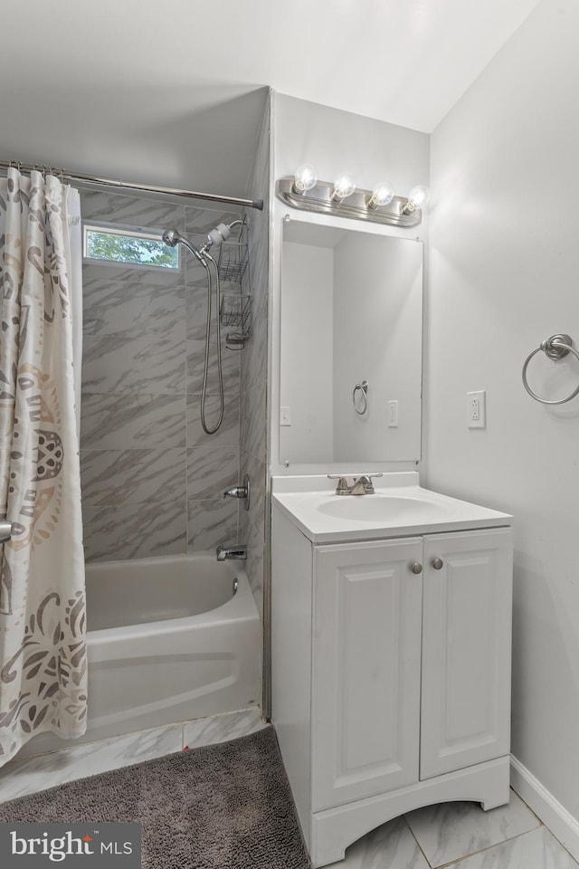 5012 Catalpha Rd, Baltimore, MD 21214 - bathroom with marble look tile flooring, shower / tub combo, and vanity
