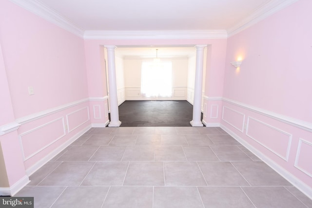 14714 Mount Calvert Rd, Upper Marlboro, MD 20772 - hallway with ornate columns, a decorative wall, crown molding, tile patterned flooring, and wainscoting